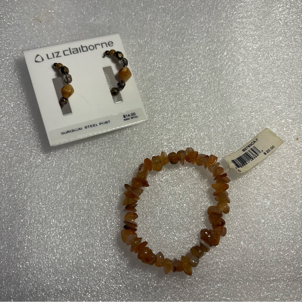 Vintage Liz Claiborne Amber faceted beads hoop earrings necklace set NWT Czech